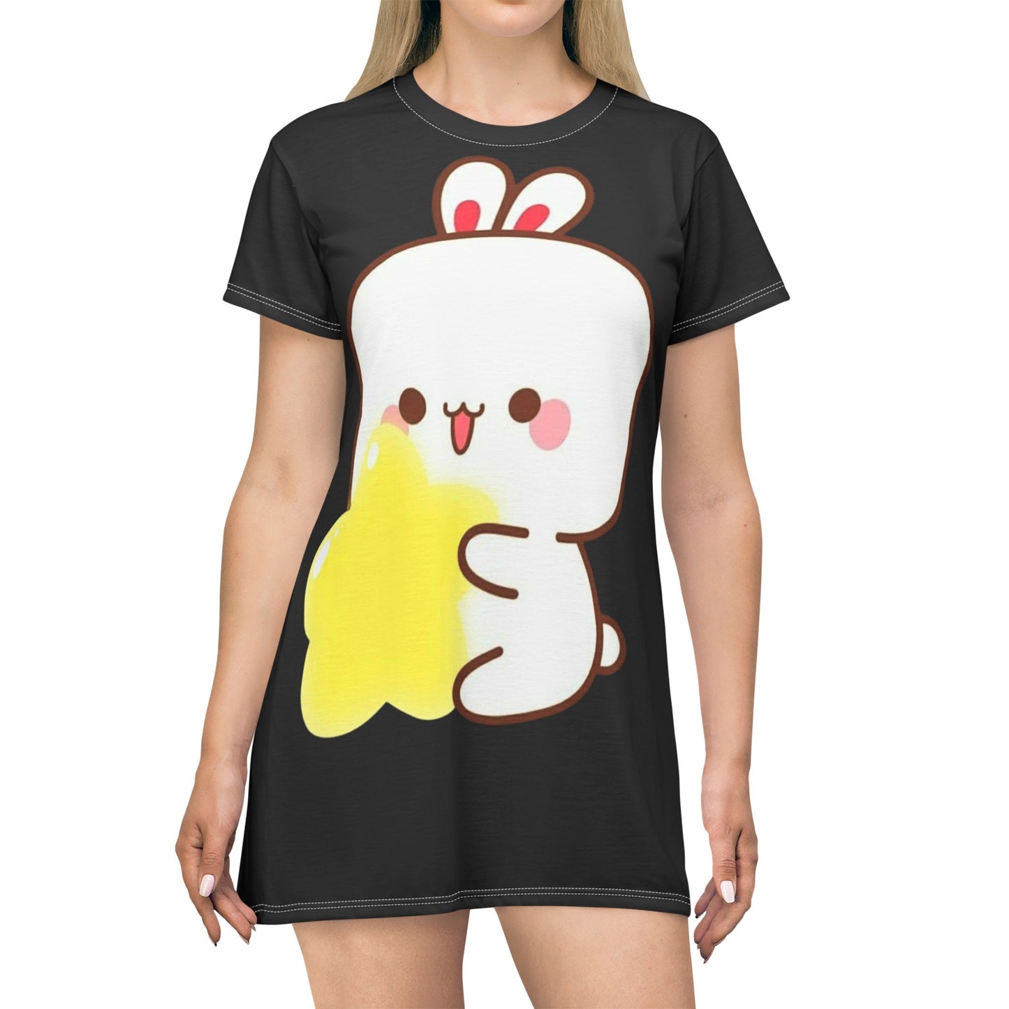 Cute Bunny & Star AOP Tee Dress – Whimsical Kawaii Look for Sweet, Soft Aesthetic Lovers