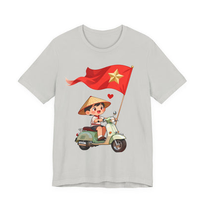 intage Vespa Rider Tee – Adorable Kid & Star Flag Illustration, Travel-Style Vietnam Graphic Shirt