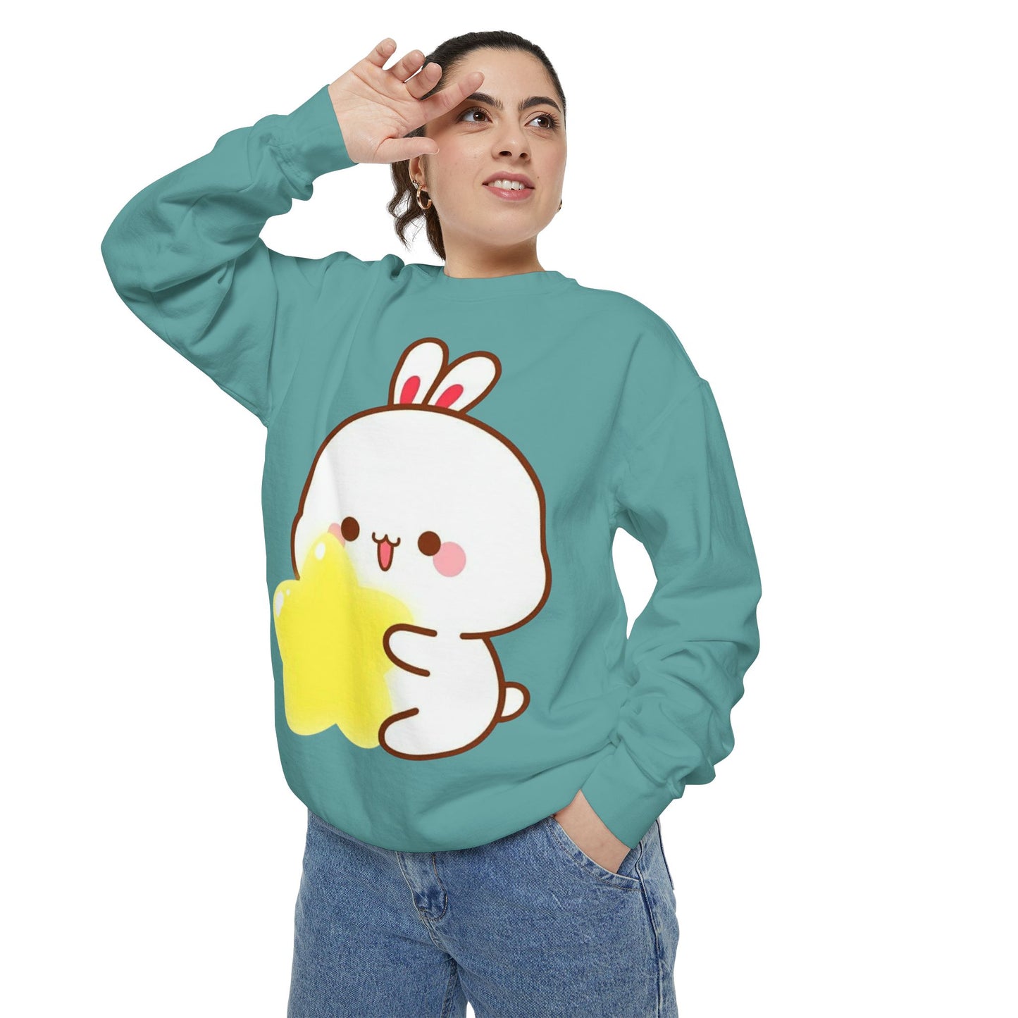 Kawaii Bunny and Star Sweatshirt – Cozy Cute Cartoon Crewneck for Dreamy Days