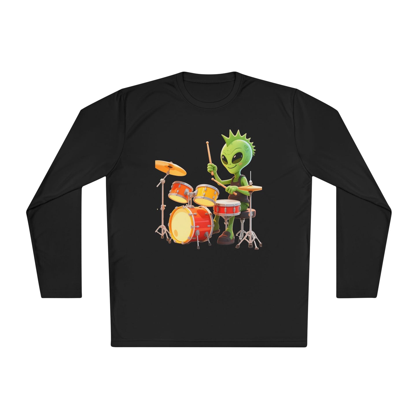 Groovy Alien Drummer Long Sleeve – Cute Green Space Creature Playing Drums Graphic Shirt