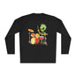 Groovy Alien Drummer Long Sleeve – Cute Green Space Creature Playing Drums Graphic Shirt