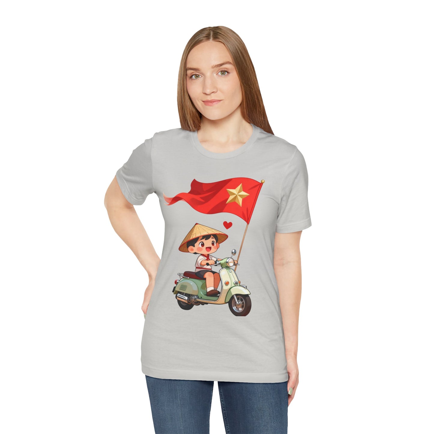 intage Vespa Rider Tee – Adorable Kid & Star Flag Illustration, Travel-Style Vietnam Graphic Shirt