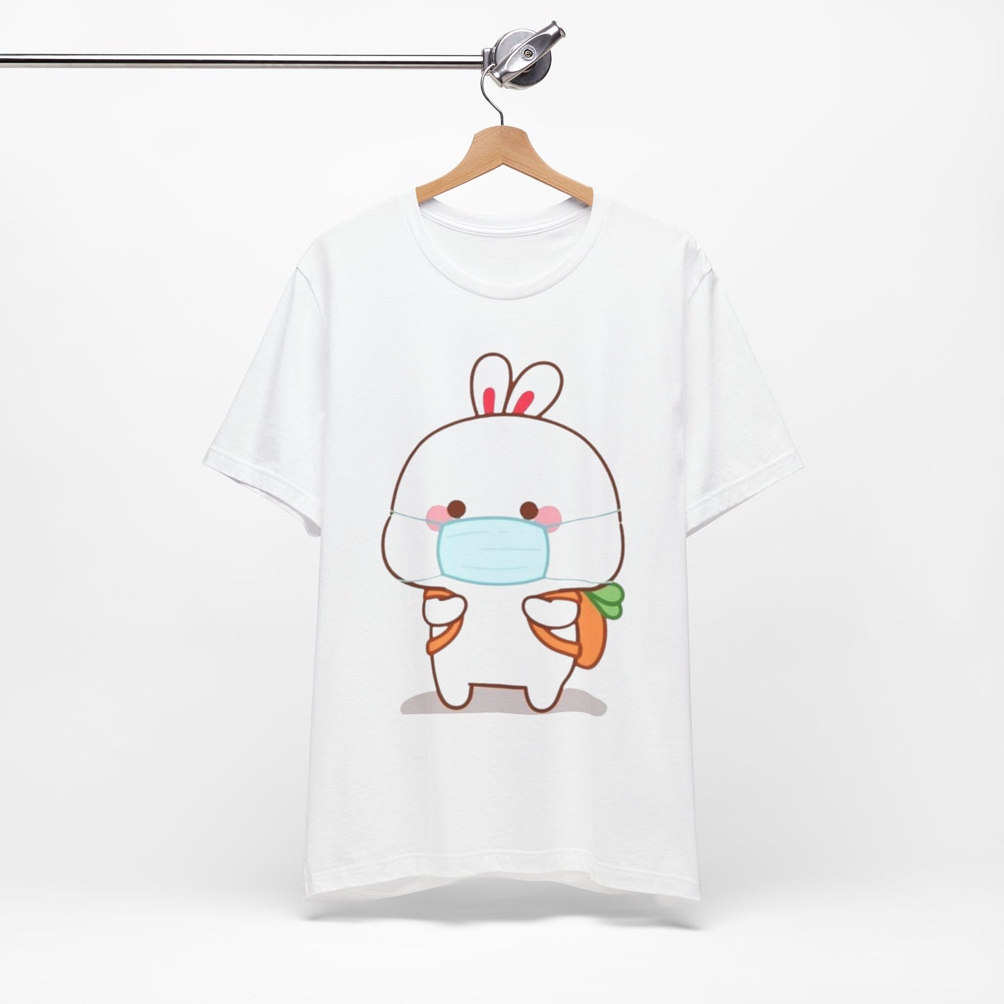 Playful Bunny in Mask T-Shirt – Adorable Carrot-Loving Rabbit Cartoon Design