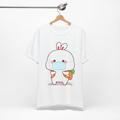 Playful Bunny in Mask T-Shirt – Adorable Carrot-Loving Rabbit Cartoon Design