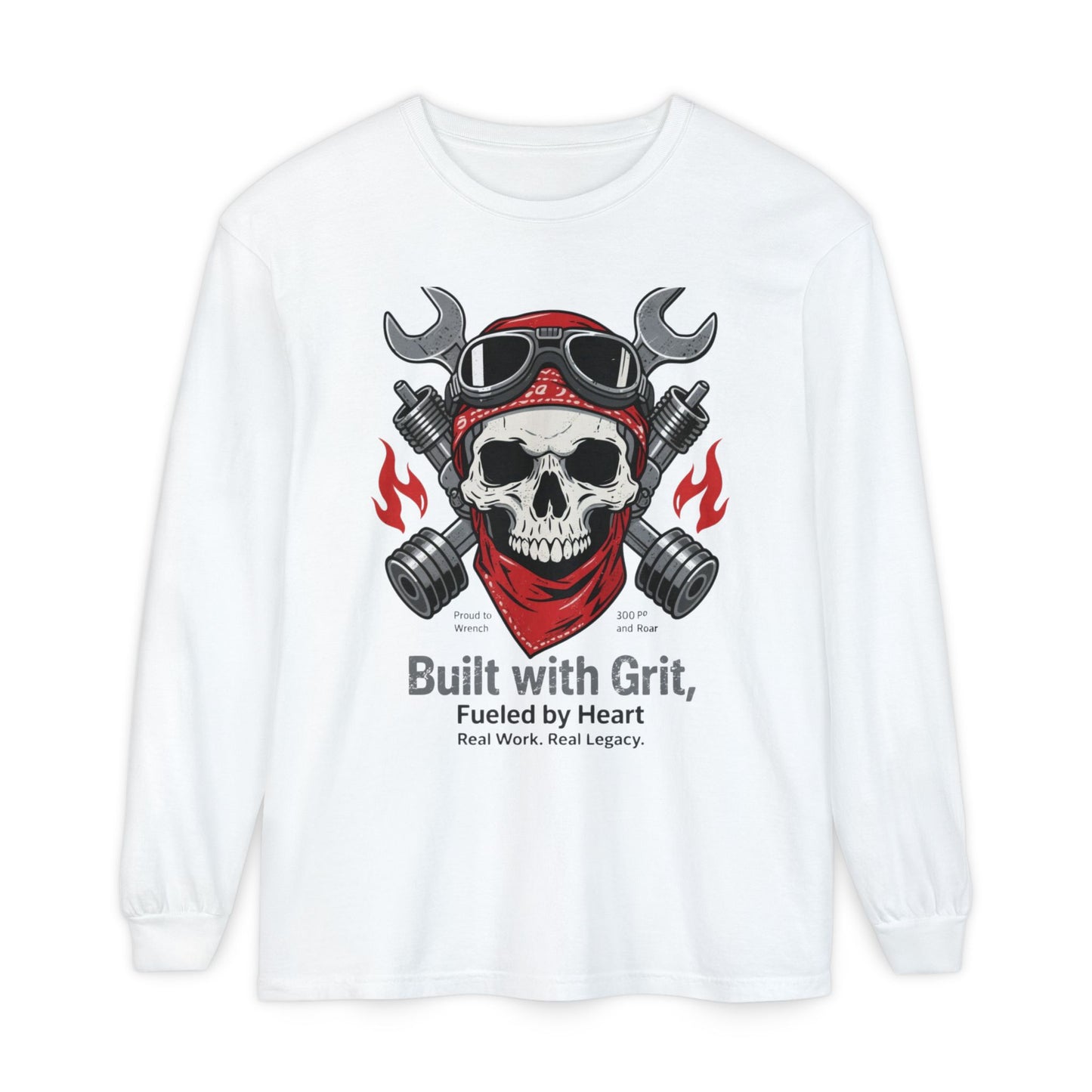 Hard Work Heritage Long Sleeve – Rugged Skull Graphic Tee for Tough Guys & Craftsmen