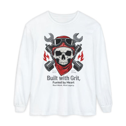 Hard Work Heritage Long Sleeve – Rugged Skull Graphic Tee for Tough Guys & Craftsmen