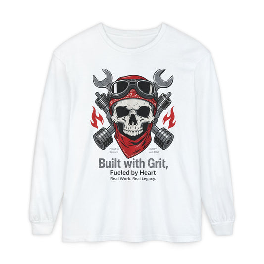 Hard Work Heritage Long Sleeve – Rugged Skull Graphic Tee for Tough Guys & Craftsmen