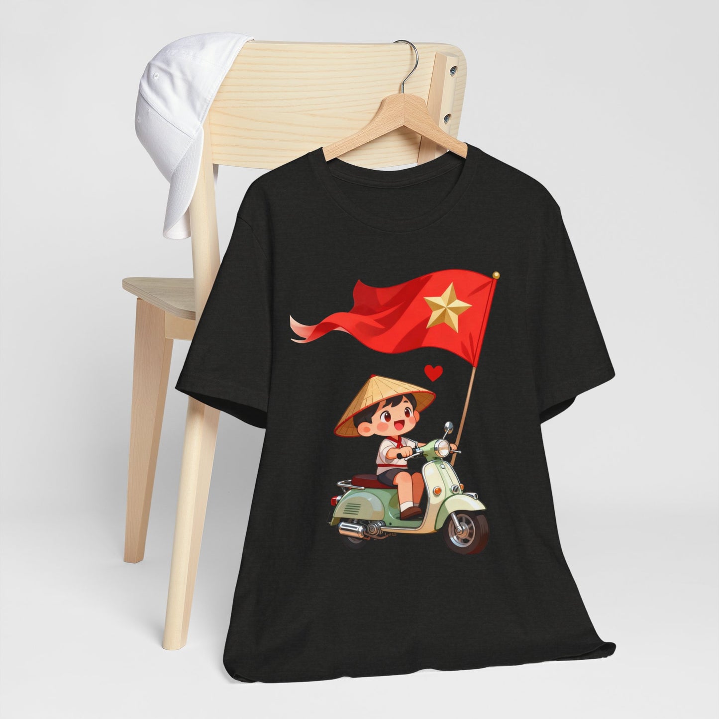 intage Vespa Rider Tee – Adorable Kid & Star Flag Illustration, Travel-Style Vietnam Graphic Shirt