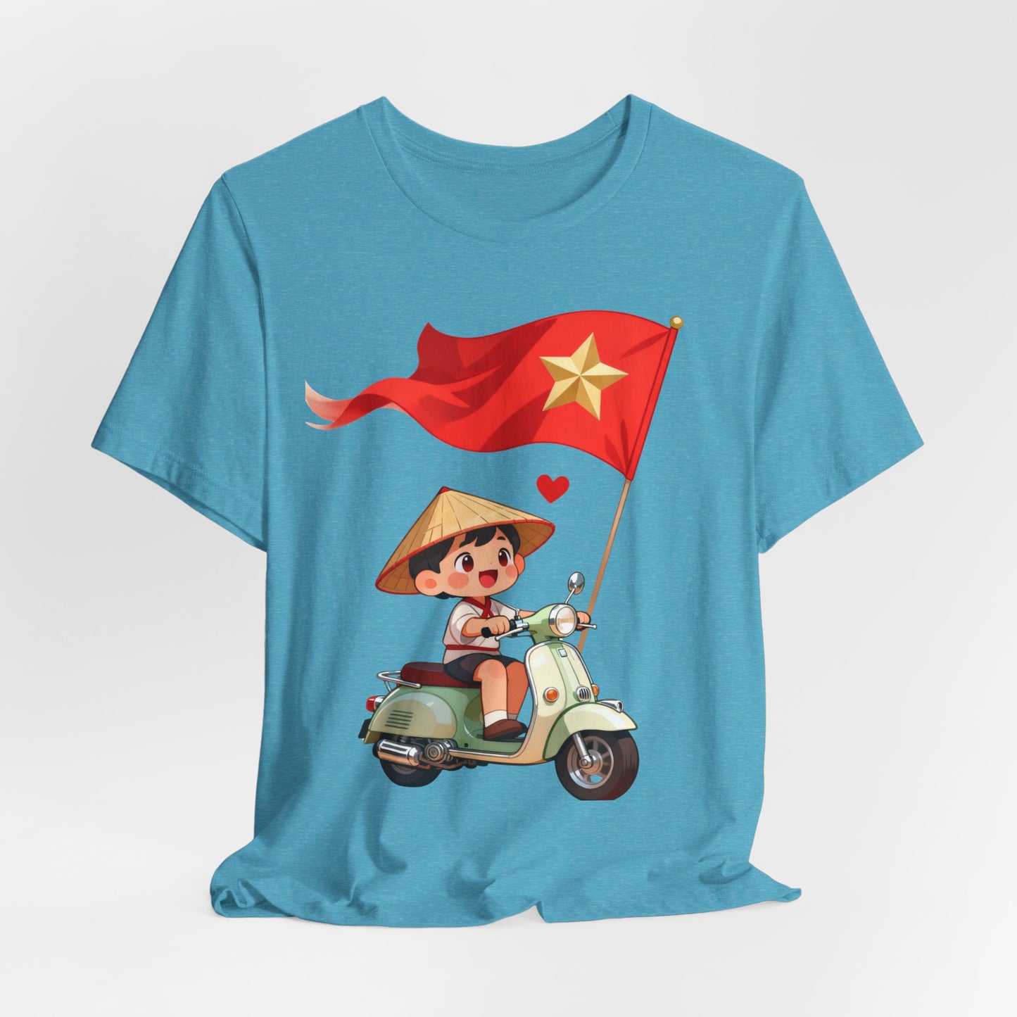 intage Vespa Rider Tee – Adorable Kid & Star Flag Illustration, Travel-Style Vietnam Graphic Shirt