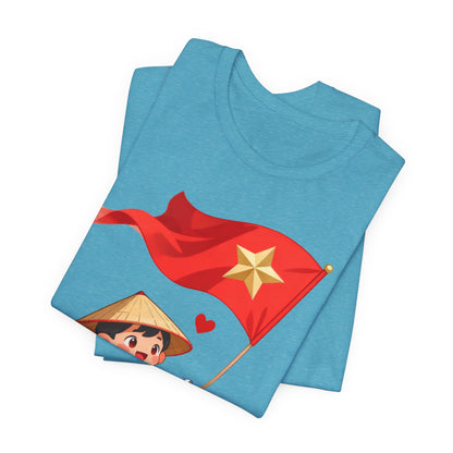 intage Vespa Rider Tee – Adorable Kid & Star Flag Illustration, Travel-Style Vietnam Graphic Shirt