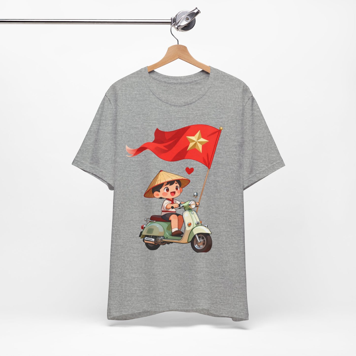 intage Vespa Rider Tee – Adorable Kid & Star Flag Illustration, Travel-Style Vietnam Graphic Shirt
