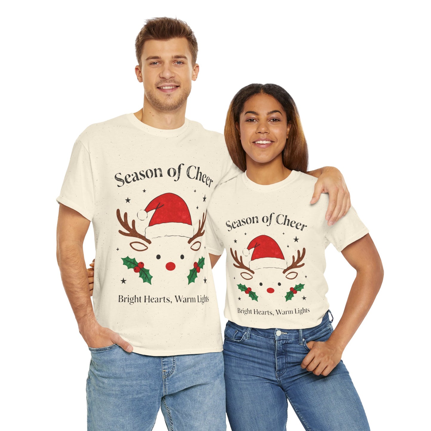 Bright Hearts Reindeer Christmas T-Shirt – Cozy Holiday Gift for Family and Friends