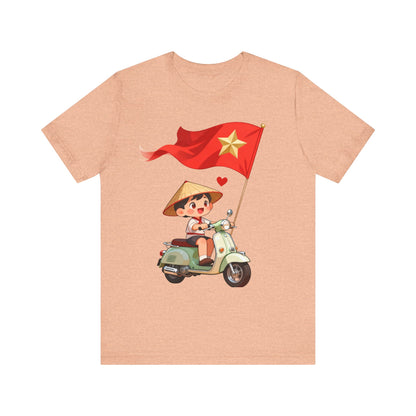 intage Vespa Rider Tee – Adorable Kid & Star Flag Illustration, Travel-Style Vietnam Graphic Shirt