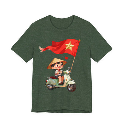 intage Vespa Rider Tee – Adorable Kid & Star Flag Illustration, Travel-Style Vietnam Graphic Shirt