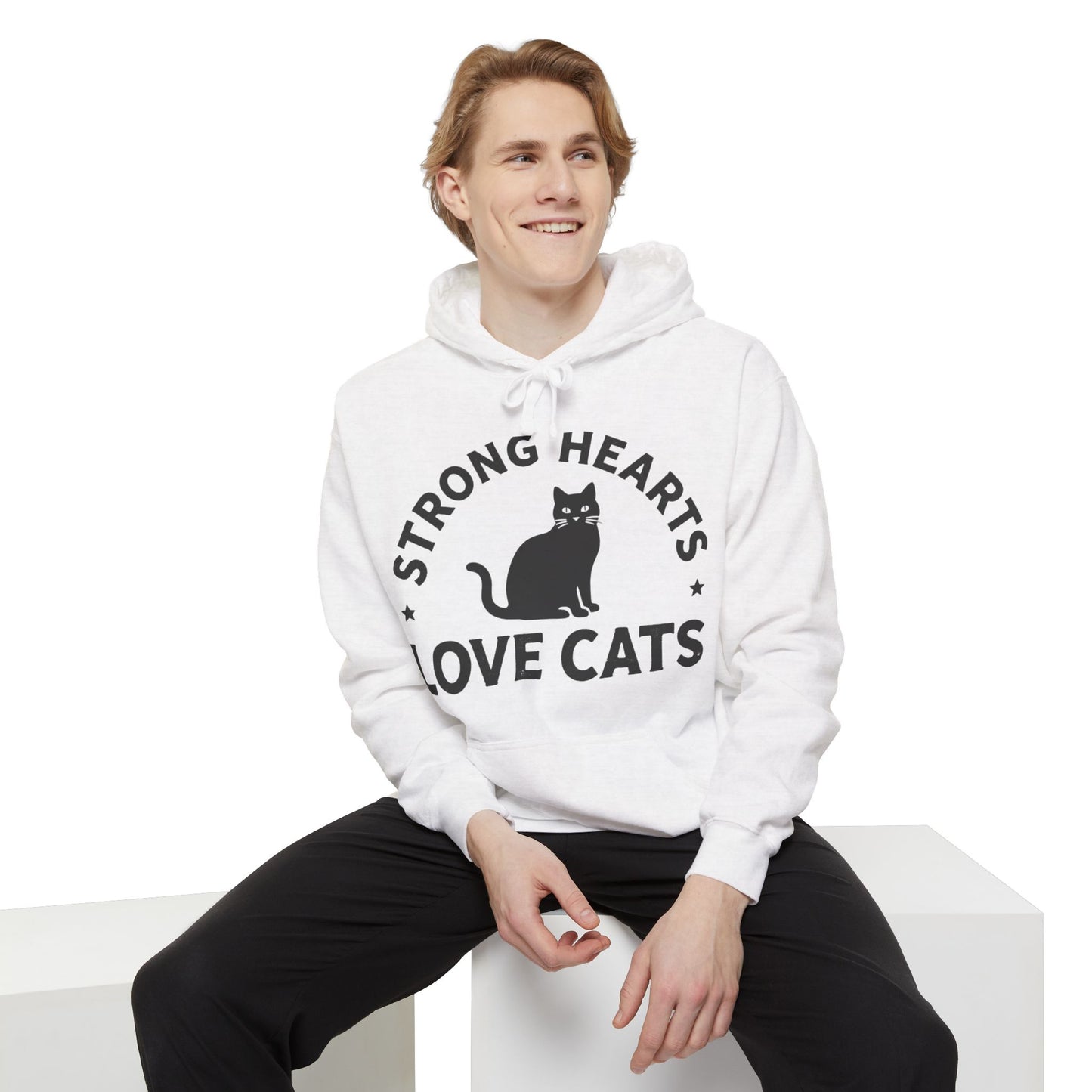 Strong Hearts Love Cats Hoodie – Bold Vintage Cat Graphic Pullover