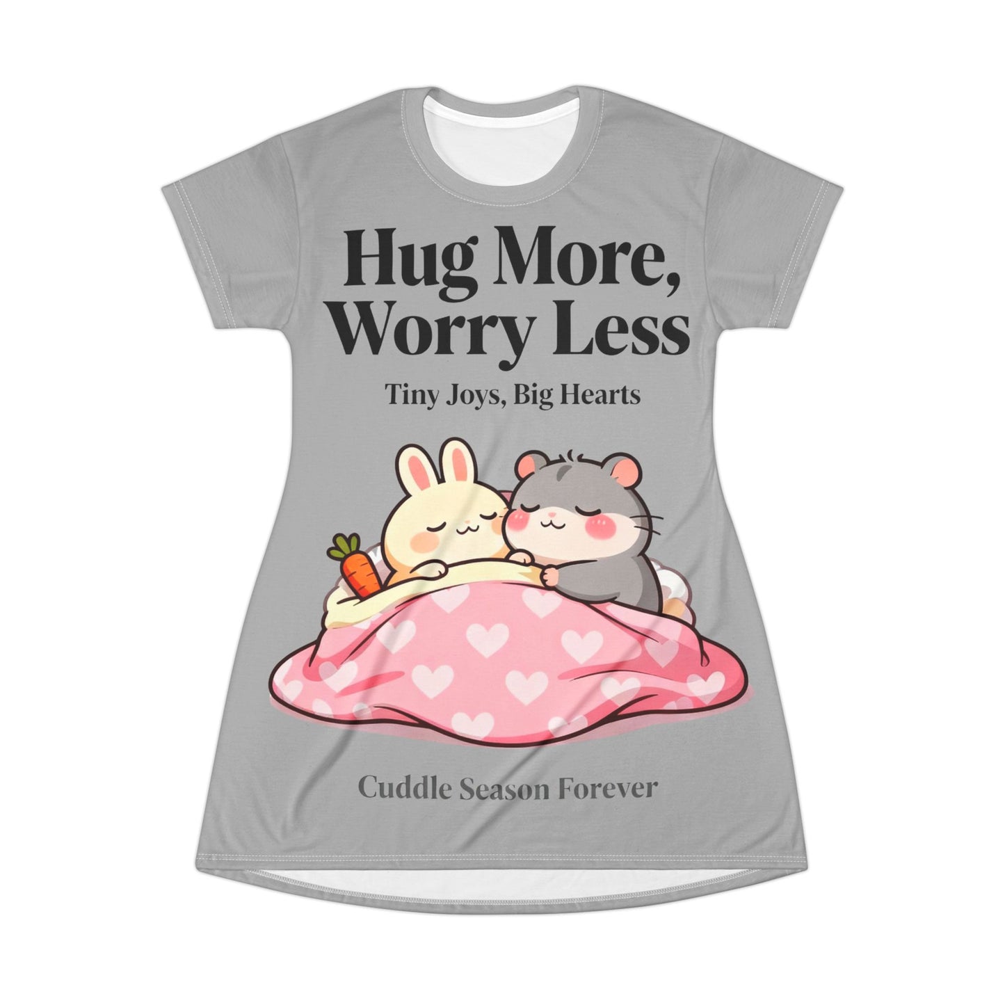Cozy Cuddle Friends T-Shirt Dress – Cute Bunny & Hamster Graphic for Soft, Feel-Good Style