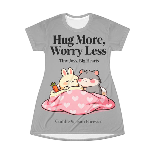 Cozy Cuddle Friends T-Shirt Dress – Cute Bunny & Hamster Graphic for Soft, Feel-Good Style
