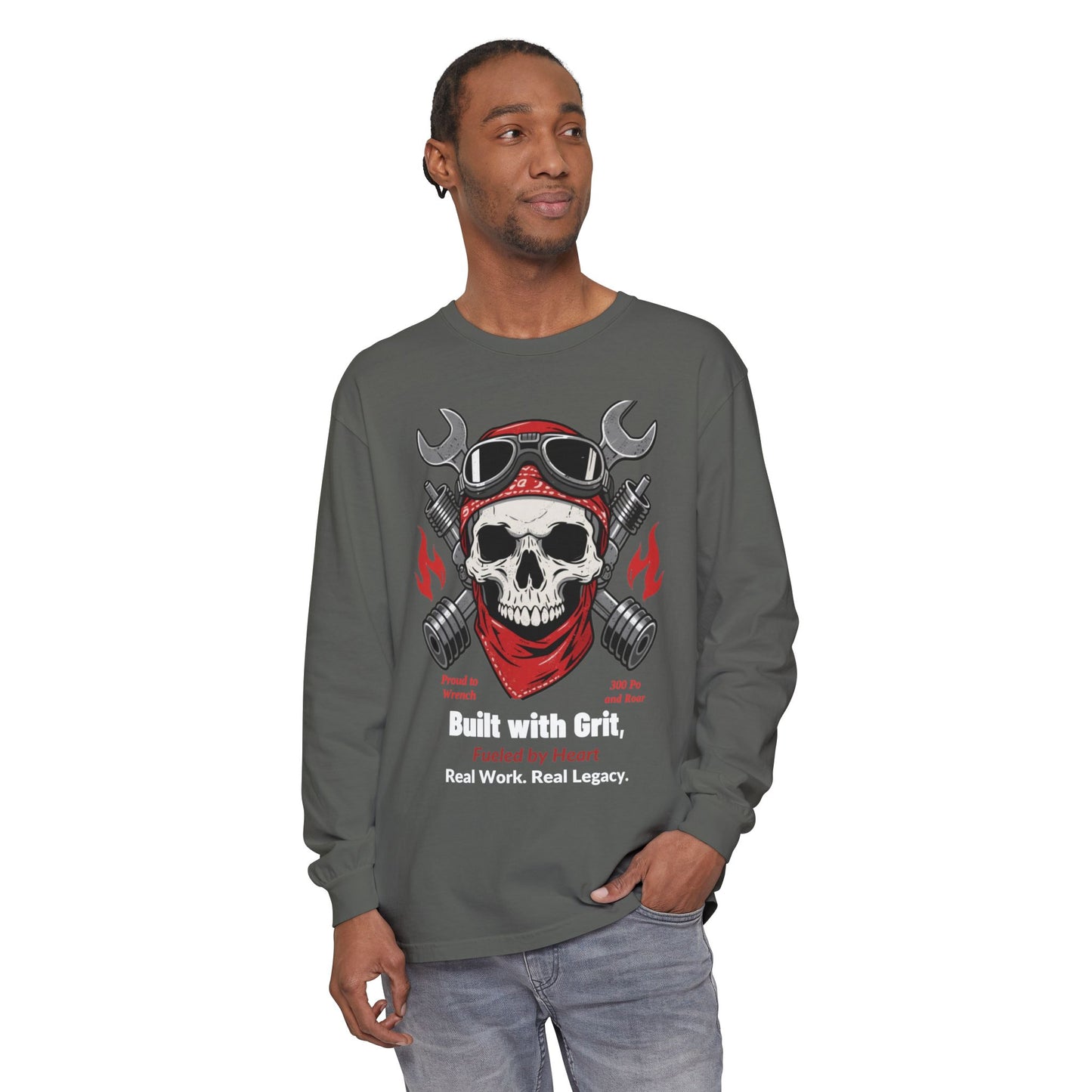 Grease & Glory Long Sleeve Shirt – Gritty Mechanic Skull Graphic Tee for Hardworking Hands