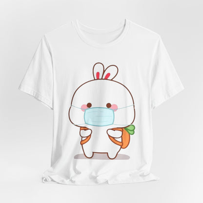 Playful Bunny in Mask T-Shirt – Adorable Carrot-Loving Rabbit Cartoon Design