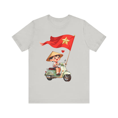 intage Vespa Rider Tee – Adorable Kid & Star Flag Illustration, Travel-Style Vietnam Graphic Shirt