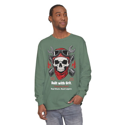 Grease & Glory Long Sleeve Shirt – Gritty Mechanic Skull Graphic Tee for Hardworking Hands