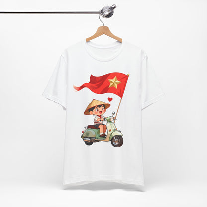 intage Vespa Rider Tee – Adorable Kid & Star Flag Illustration, Travel-Style Vietnam Graphic Shirt