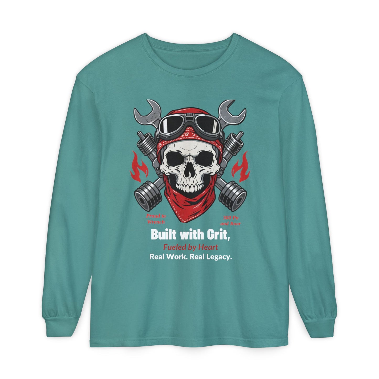 Grease & Glory Long Sleeve Shirt – Gritty Mechanic Skull Graphic Tee for Hardworking Hands