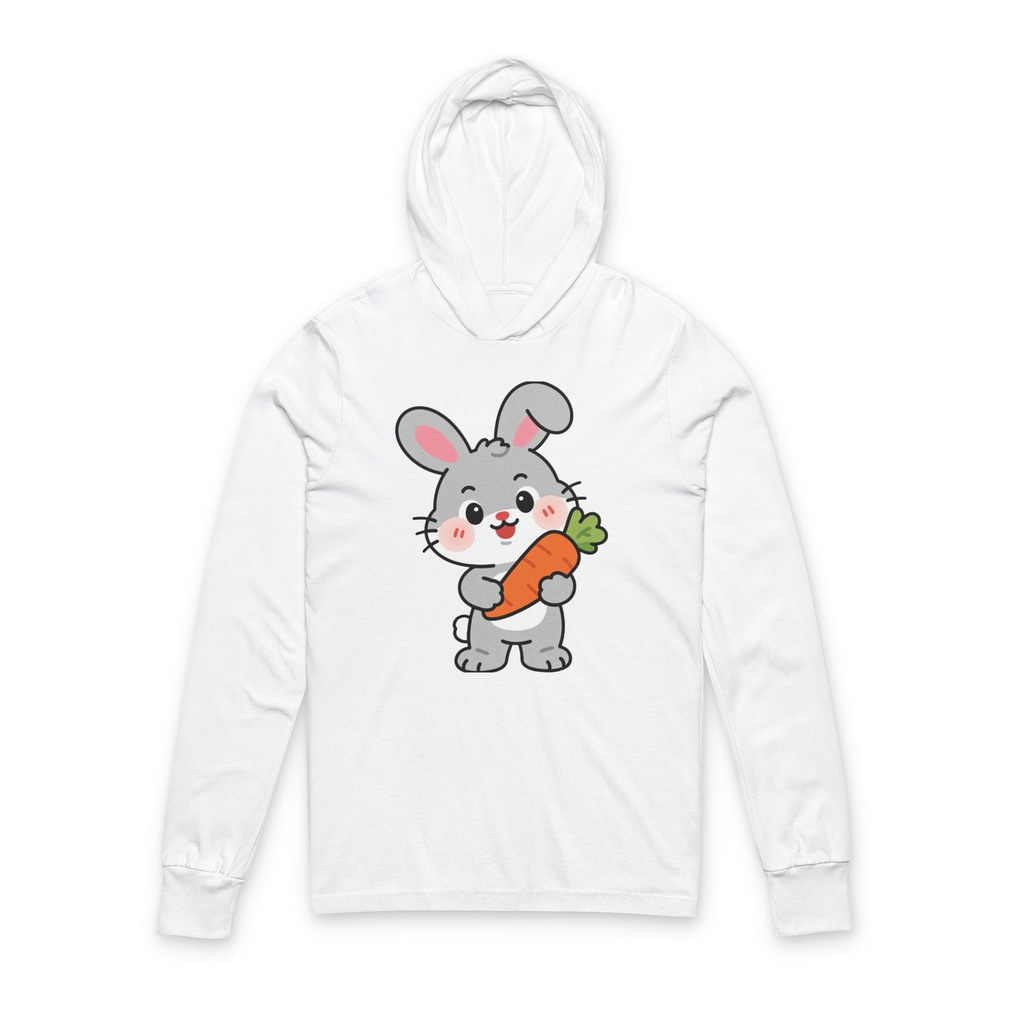 Adorable Bunny Holding Carrot Long Sleeve Hoodie Tee – Soft Cartoon Rabbit Design