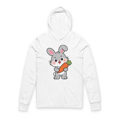 Adorable Bunny Holding Carrot Long Sleeve Hoodie Tee – Soft Cartoon Rabbit Design