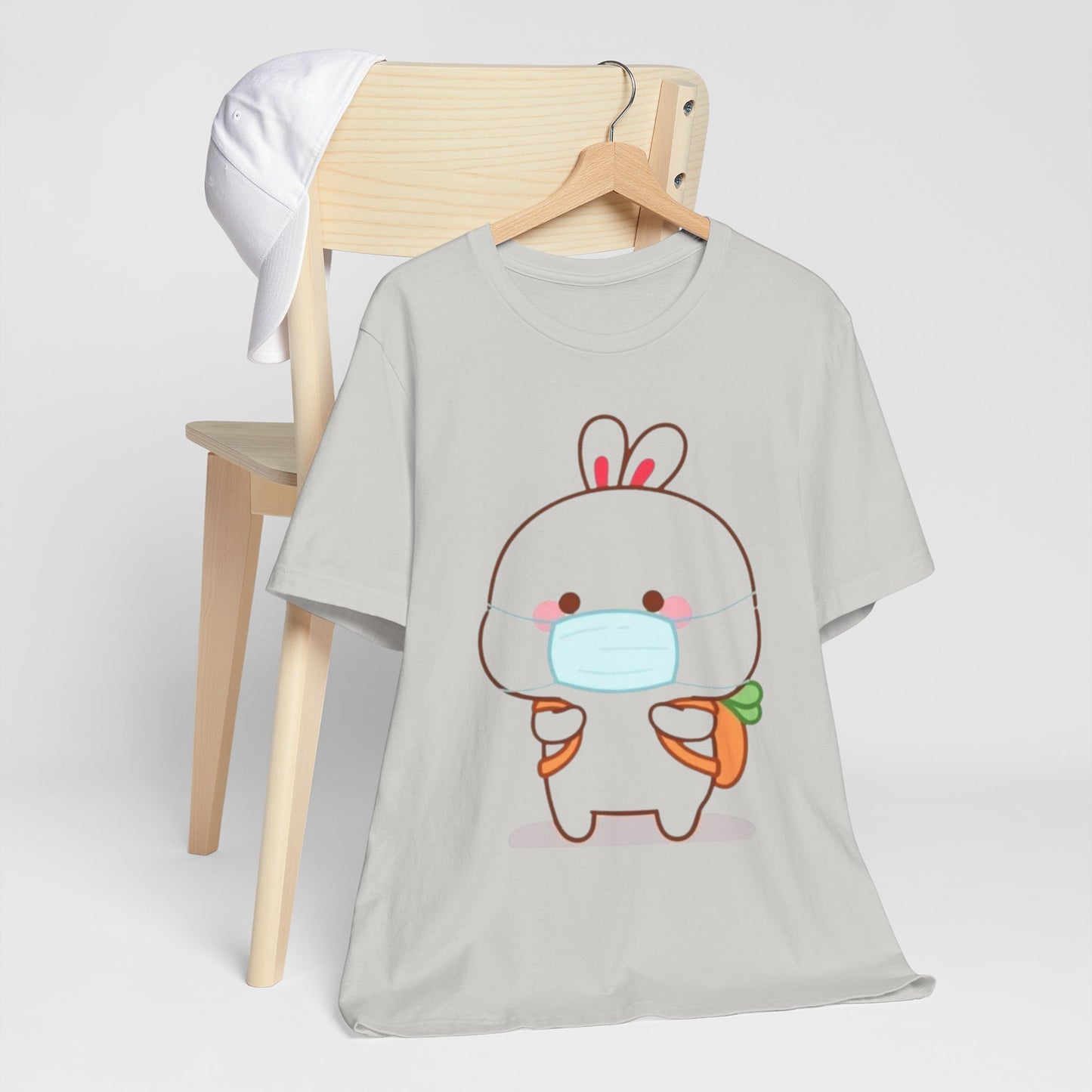 Playful Bunny in Mask T-Shirt – Adorable Carrot-Loving Rabbit Cartoon Design