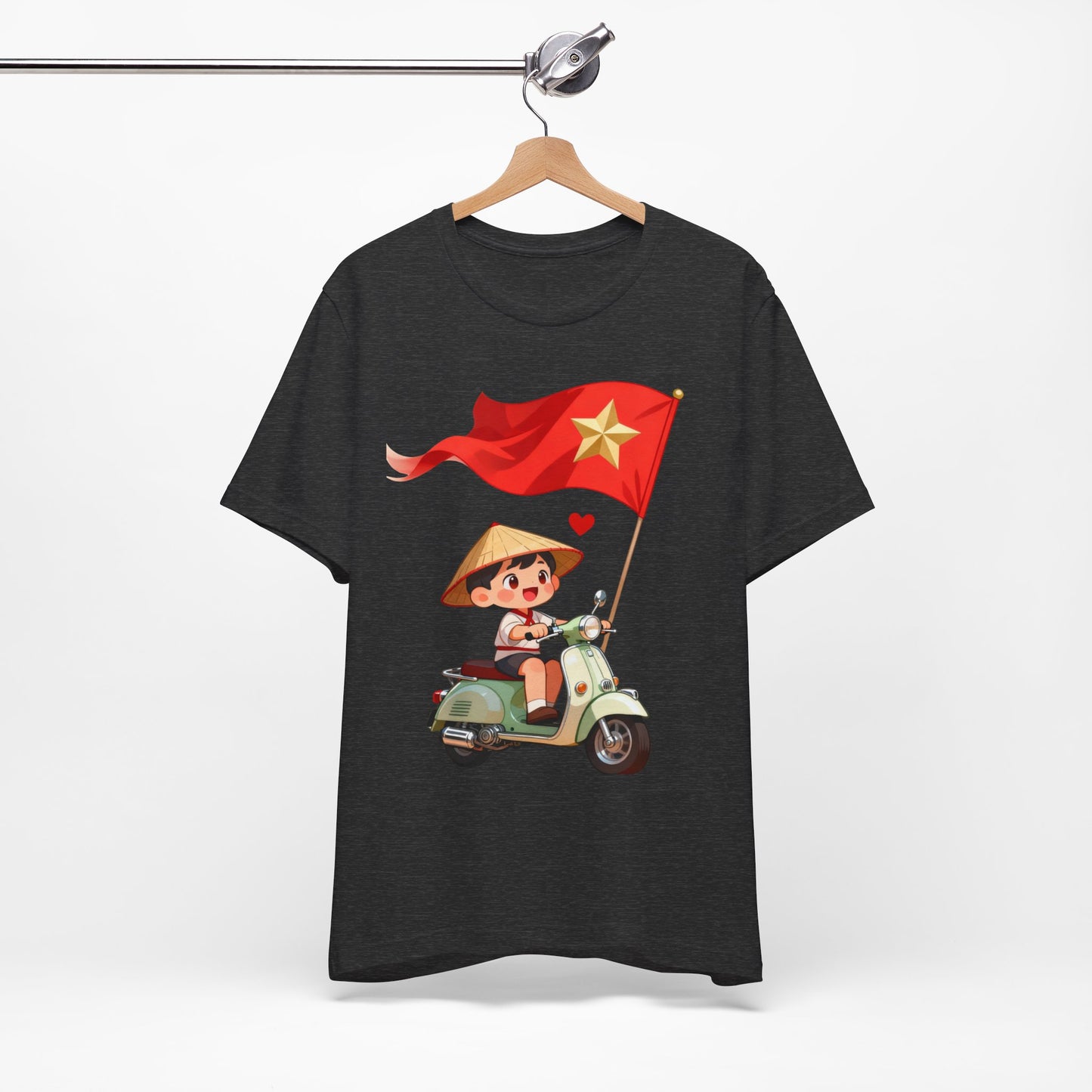 intage Vespa Rider Tee – Adorable Kid & Star Flag Illustration, Travel-Style Vietnam Graphic Shirt
