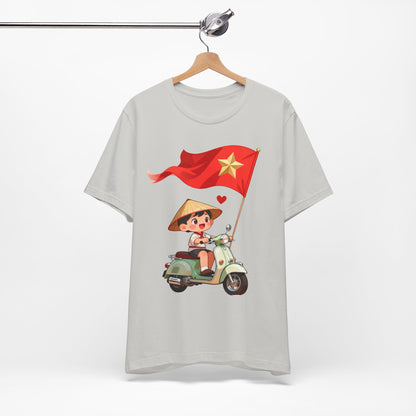intage Vespa Rider Tee – Adorable Kid & Star Flag Illustration, Travel-Style Vietnam Graphic Shirt