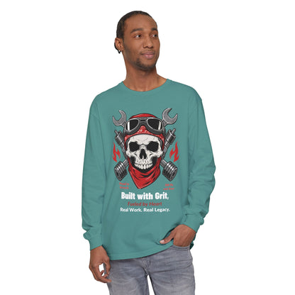 Grease & Glory Long Sleeve Shirt – Gritty Mechanic Skull Graphic Tee for Hardworking Hands