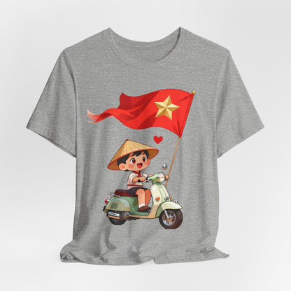 intage Vespa Rider Tee – Adorable Kid & Star Flag Illustration, Travel-Style Vietnam Graphic Shirt