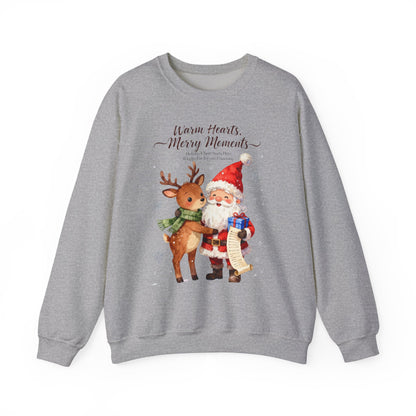 Cozy Christmas Sweatshirt – “Warm Hearts, Merry Moments” Santa & Reindeer Holiday Pullover for Festive Cheer