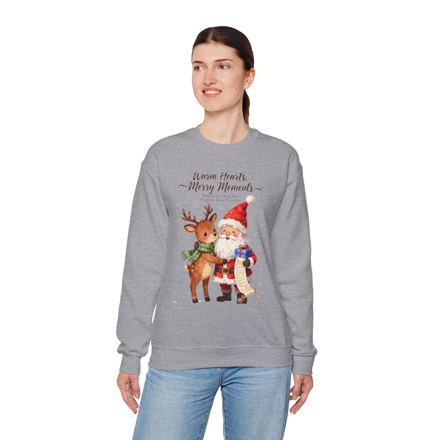 Cozy Christmas Sweatshirt – “Warm Hearts, Merry Moments” Santa & Reindeer Holiday Pullover for Festive Cheer