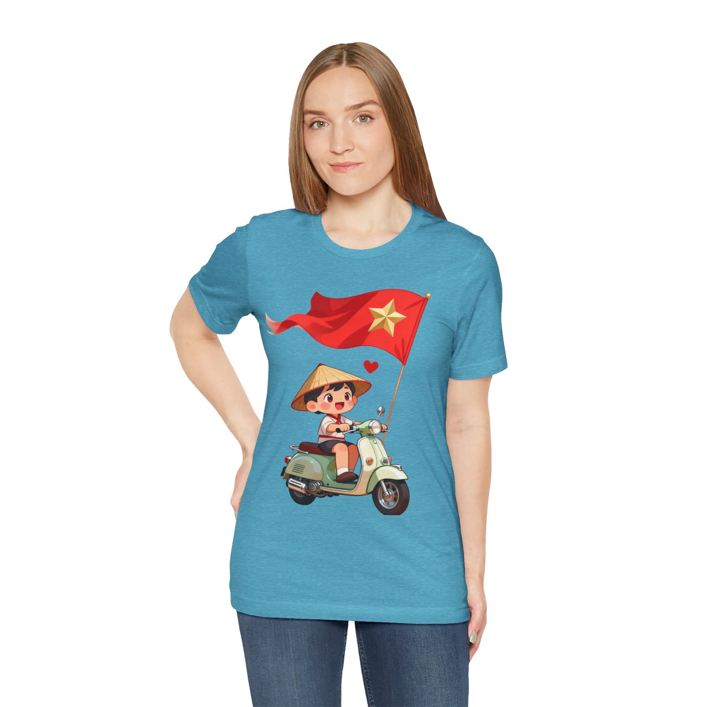 intage Vespa Rider Tee – Adorable Kid & Star Flag Illustration, Travel-Style Vietnam Graphic Shirt