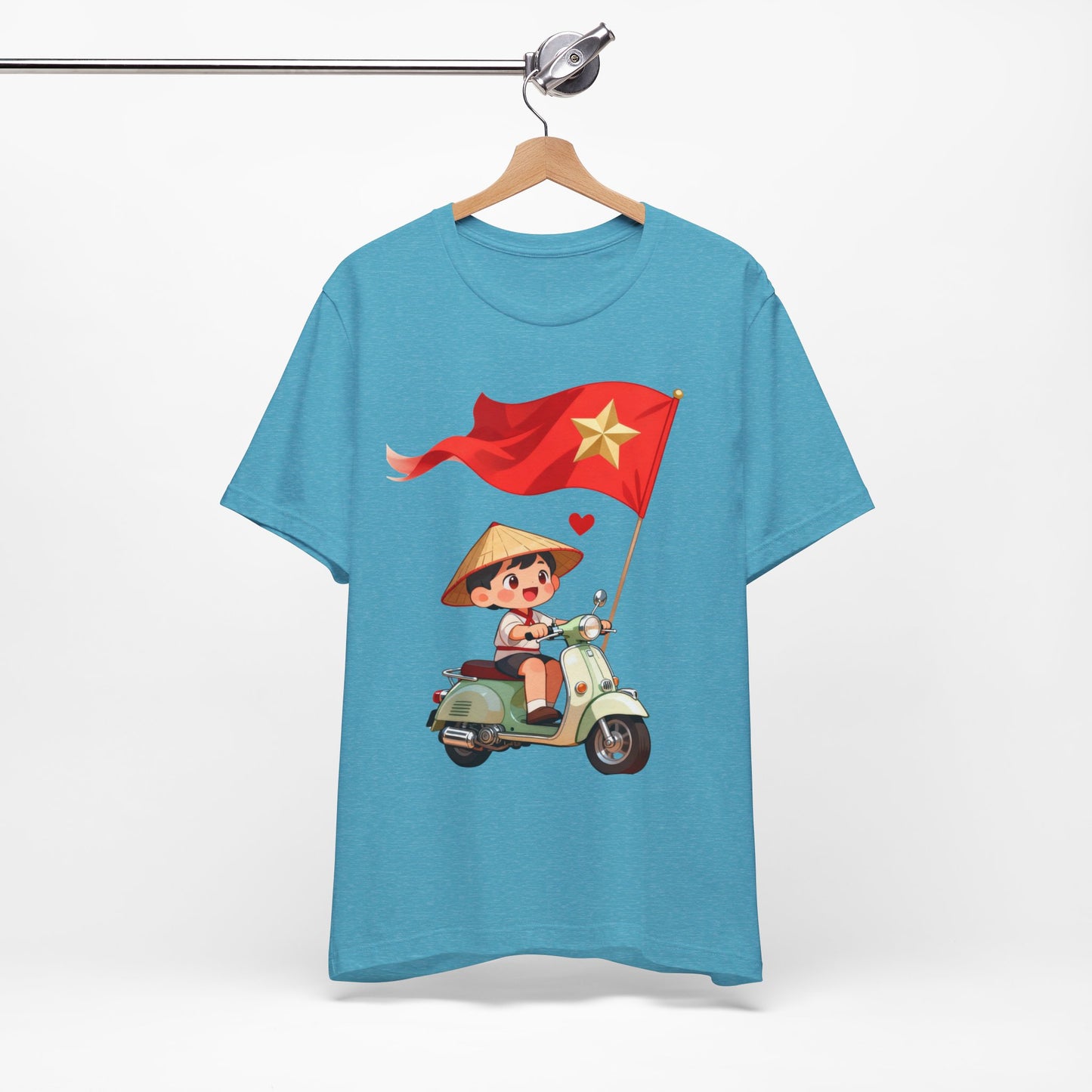intage Vespa Rider Tee – Adorable Kid & Star Flag Illustration, Travel-Style Vietnam Graphic Shirt