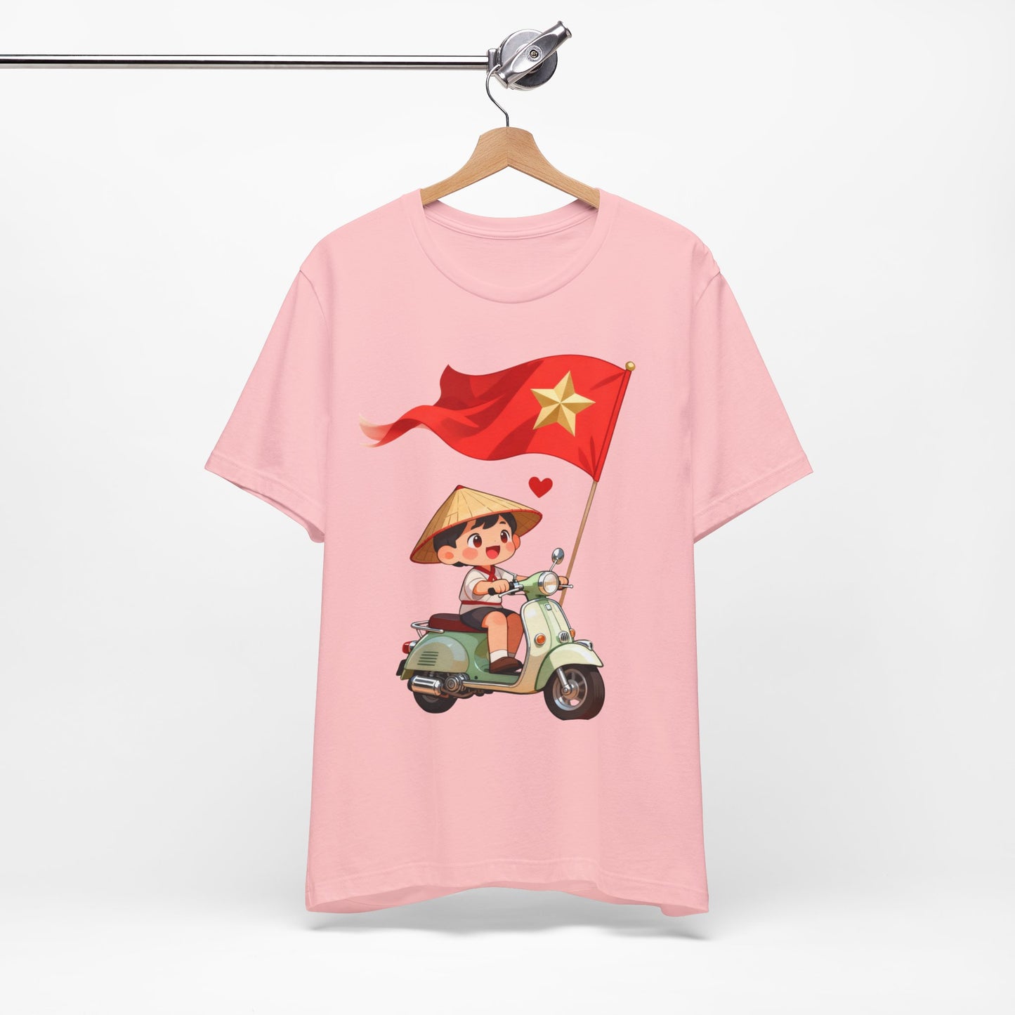 intage Vespa Rider Tee – Adorable Kid & Star Flag Illustration, Travel-Style Vietnam Graphic Shirt