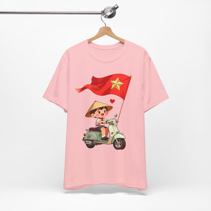 intage Vespa Rider Tee – Adorable Kid & Star Flag Illustration, Travel-Style Vietnam Graphic Shirt