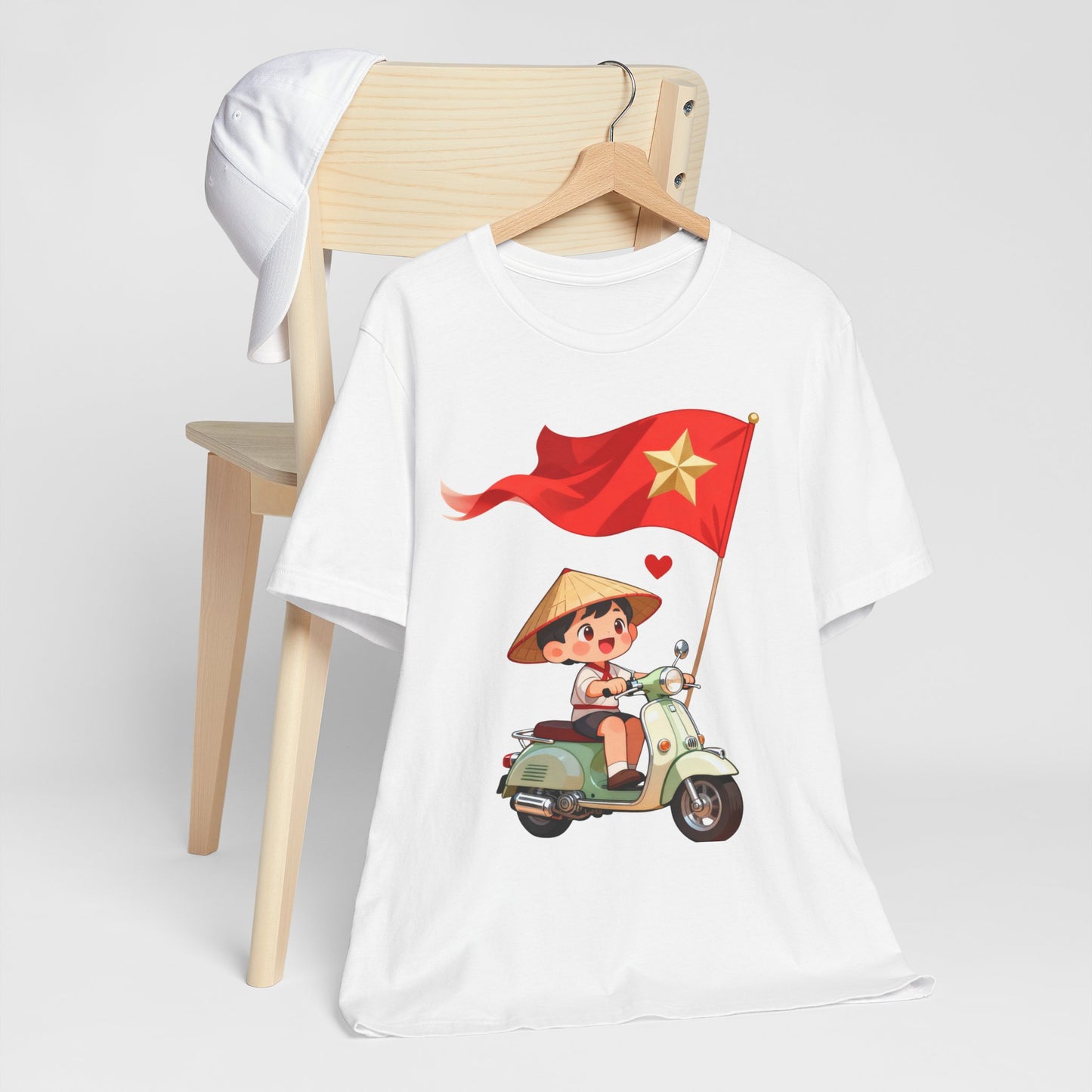 intage Vespa Rider Tee – Adorable Kid & Star Flag Illustration, Travel-Style Vietnam Graphic Shirt