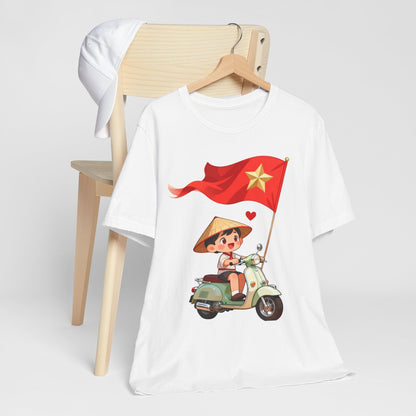 intage Vespa Rider Tee – Adorable Kid & Star Flag Illustration, Travel-Style Vietnam Graphic Shirt