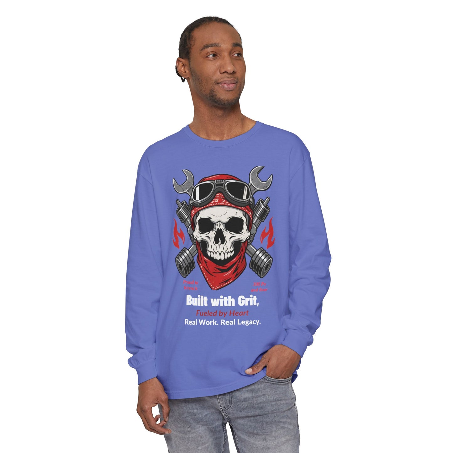 Grease & Glory Long Sleeve Shirt – Gritty Mechanic Skull Graphic Tee for Hardworking Hands
