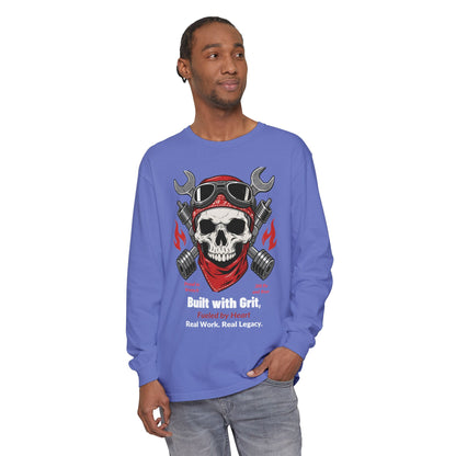 Grease & Glory Long Sleeve Shirt – Gritty Mechanic Skull Graphic Tee for Hardworking Hands