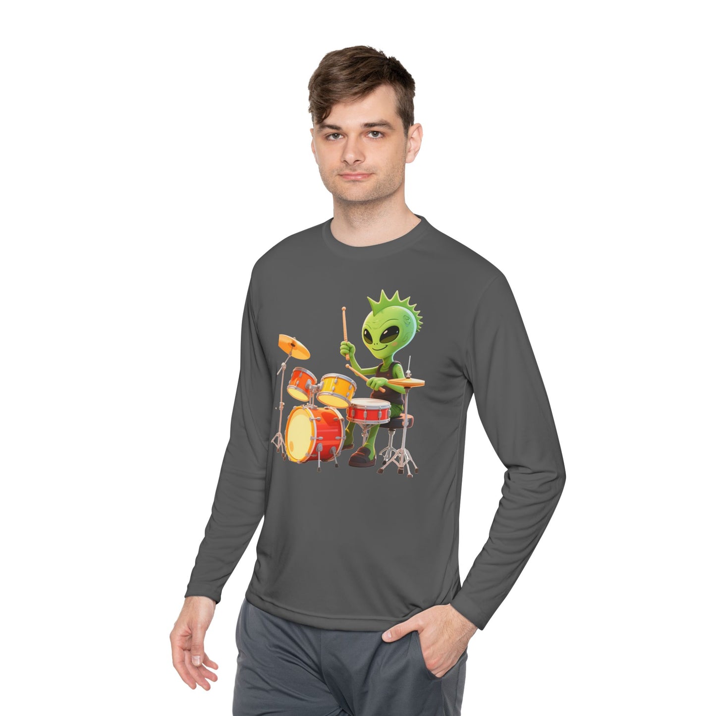 Groovy Alien Drummer Long Sleeve – Cute Green Space Creature Playing Drums Graphic Shirt