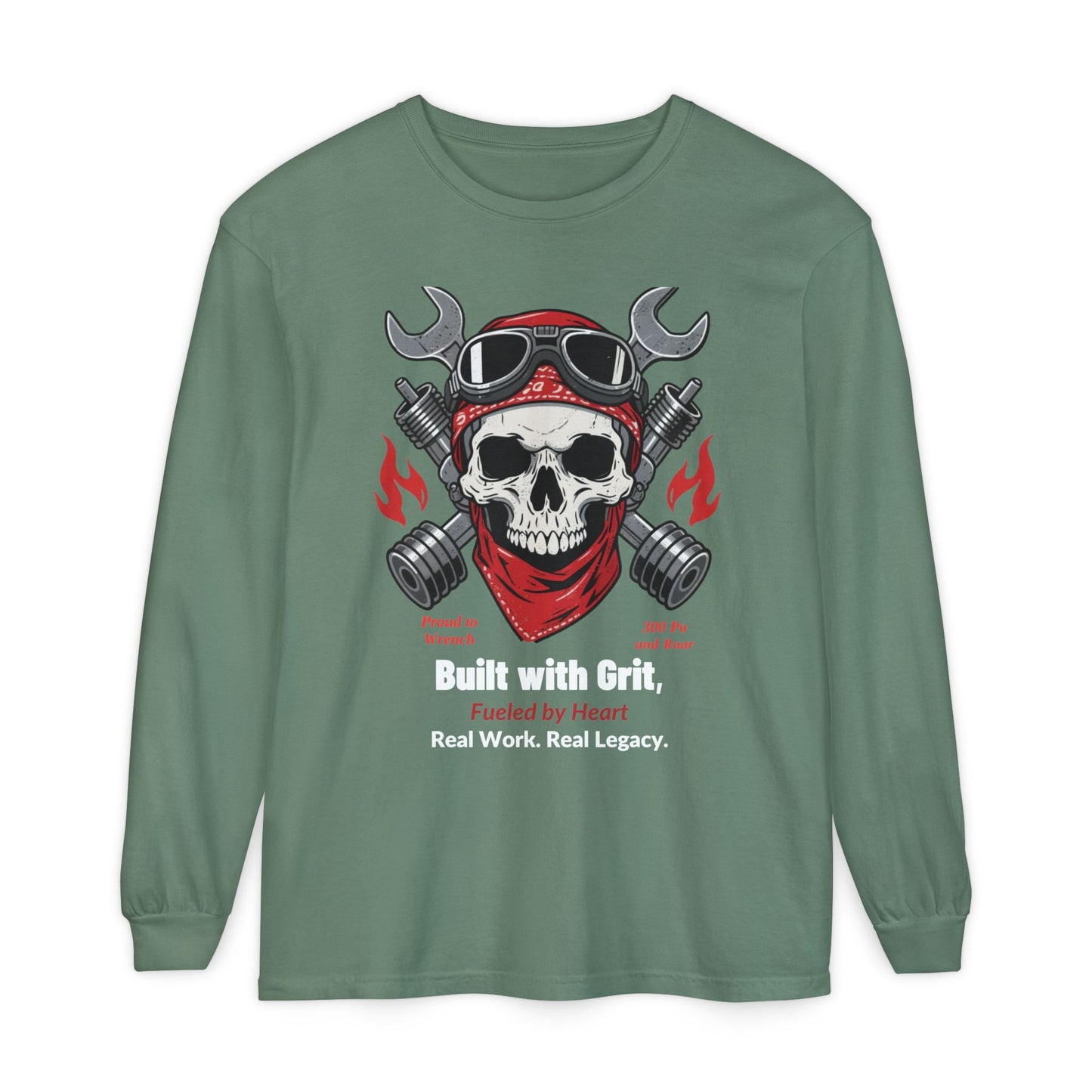 Grease & Glory Long Sleeve Shirt – Gritty Mechanic Skull Graphic Tee for Hardworking Hands