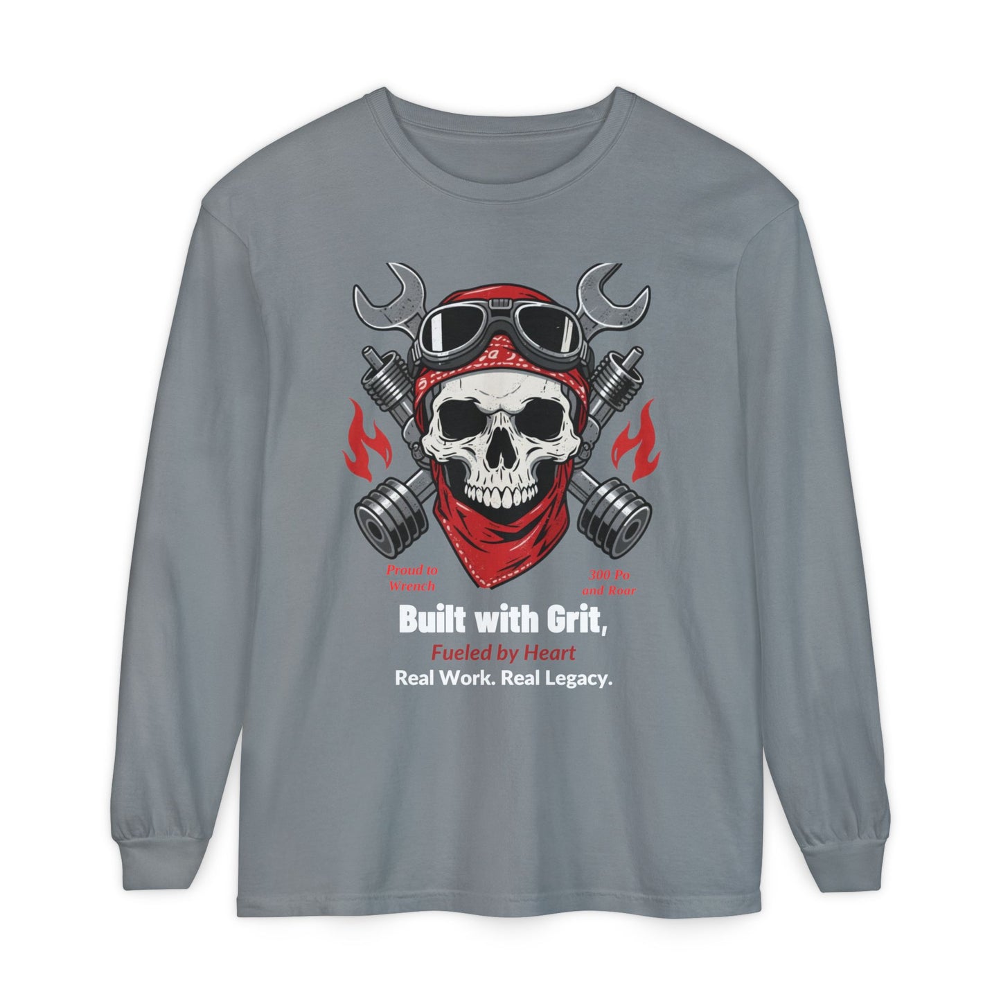 Grease & Glory Long Sleeve Shirt – Gritty Mechanic Skull Graphic Tee for Hardworking Hands