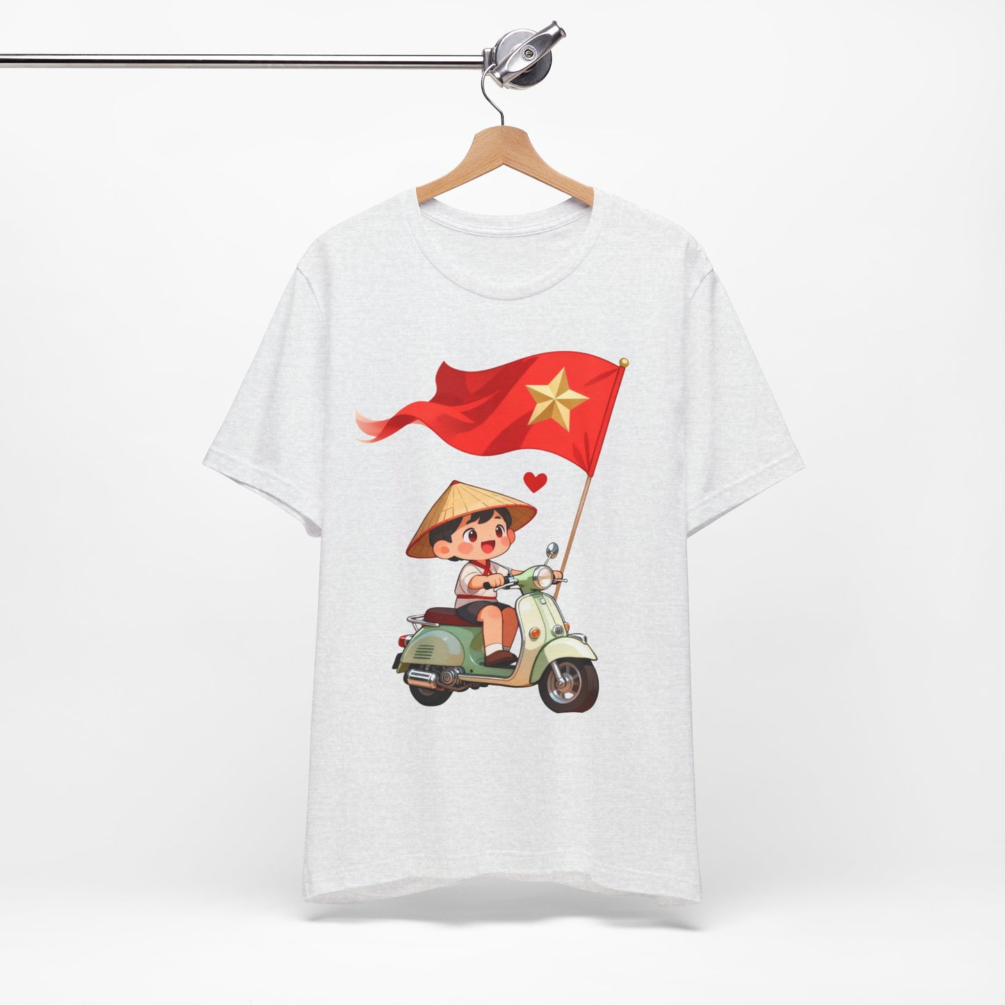 intage Vespa Rider Tee – Adorable Kid & Star Flag Illustration, Travel-Style Vietnam Graphic Shirt