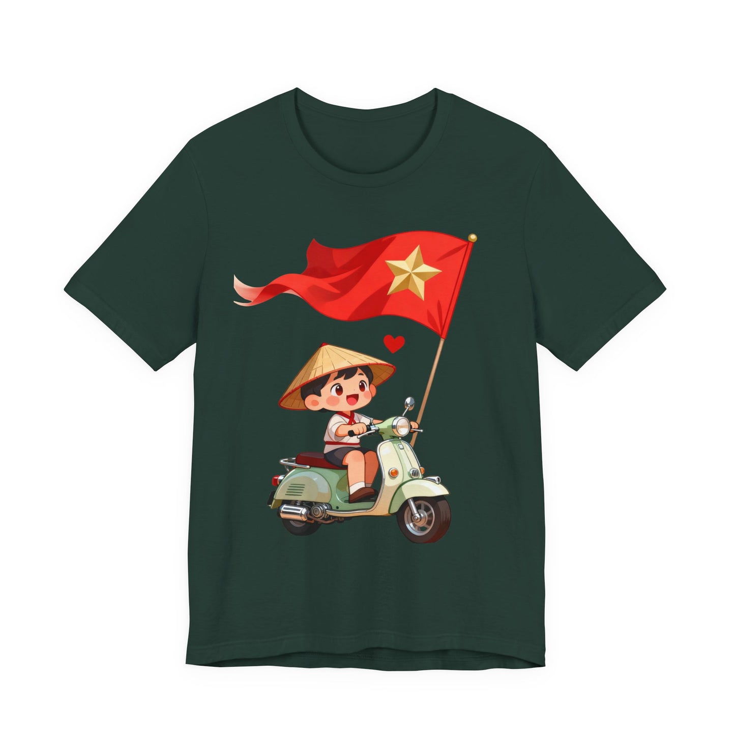 intage Vespa Rider Tee – Adorable Kid & Star Flag Illustration, Travel-Style Vietnam Graphic Shirt