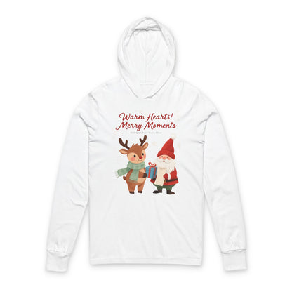 Warm Hearts, Merry Moments” Christmas Hoodie Tee – Cozy Reindeer & Santa Long Sleeve for Holiday Cheer